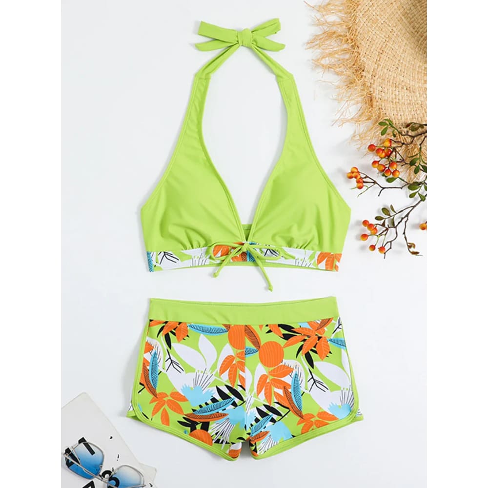 Halter High-Waist Printed Short Bikini Set - LVS / S On sale