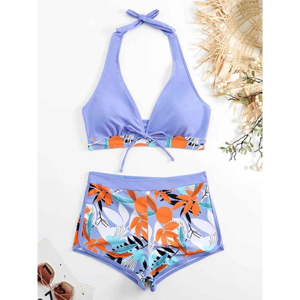 Halter High-Waist Printed Short Bikini Set - QZI / S On sale