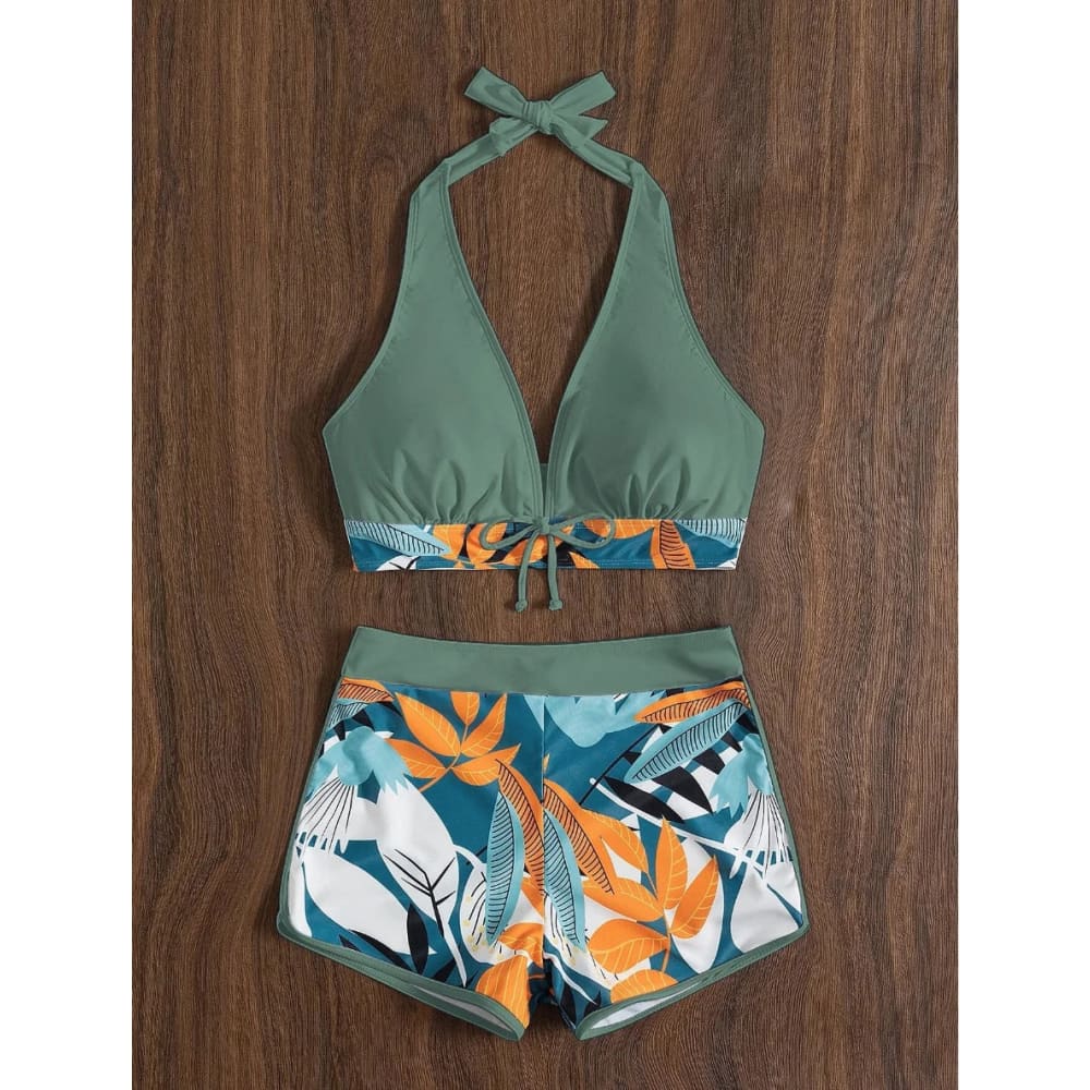 Halter High-Waist Printed Short Bikini Set - SLV / M On sale