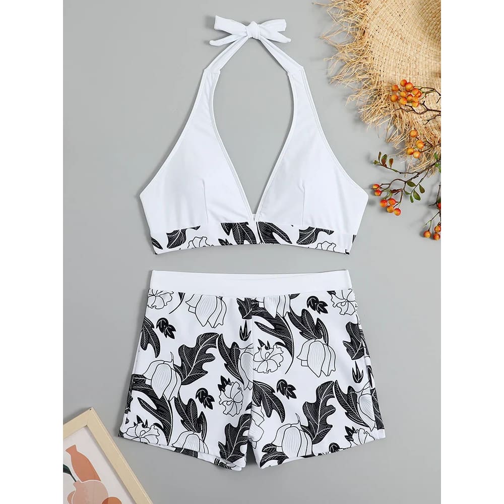 Halter High-Waist Printed Short Bikini Set - White / S On sale
