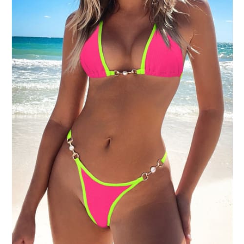 Halter Pearl Chain Micro Bikini Set – Sexy Two-Piece - Rose Red / L On sale