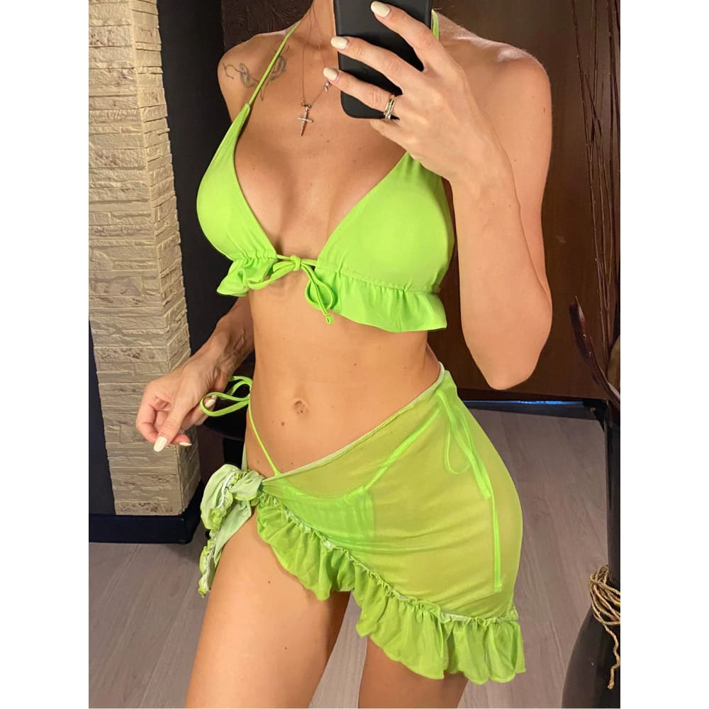 Halter Ruffled Bikini Set with Sarong - 3 Piece Swimwear - green / L On sale