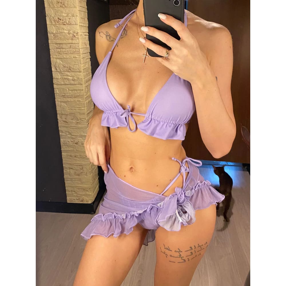 Halter Ruffled Bikini Set with Sarong - 3 Piece Swimwear - PURPLE / M On sale