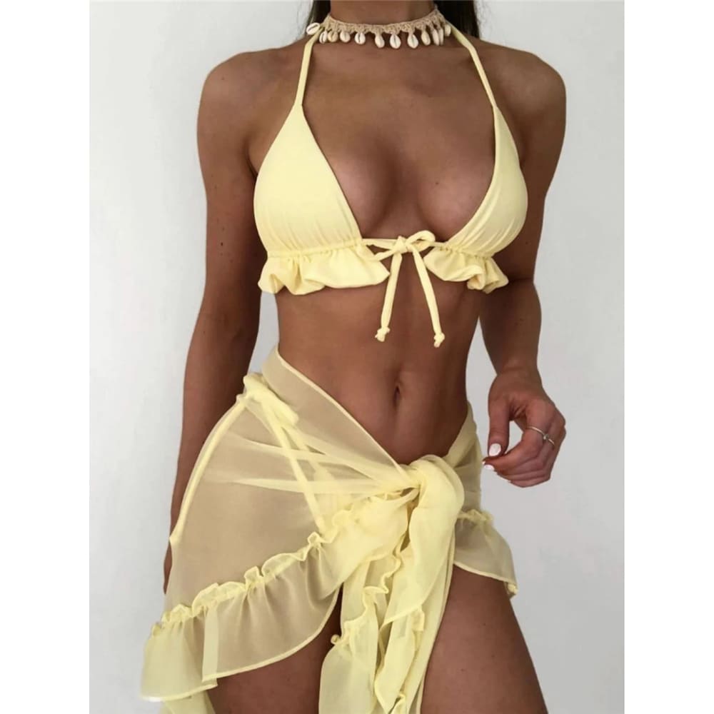Halter Ruffled Bikini Set with Sarong - 3 Piece Swimwear - Yellow / S On sale