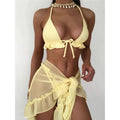 Sunnybikinis bikini set: yellow halter ruffle top, tie bottoms, sheer sarong