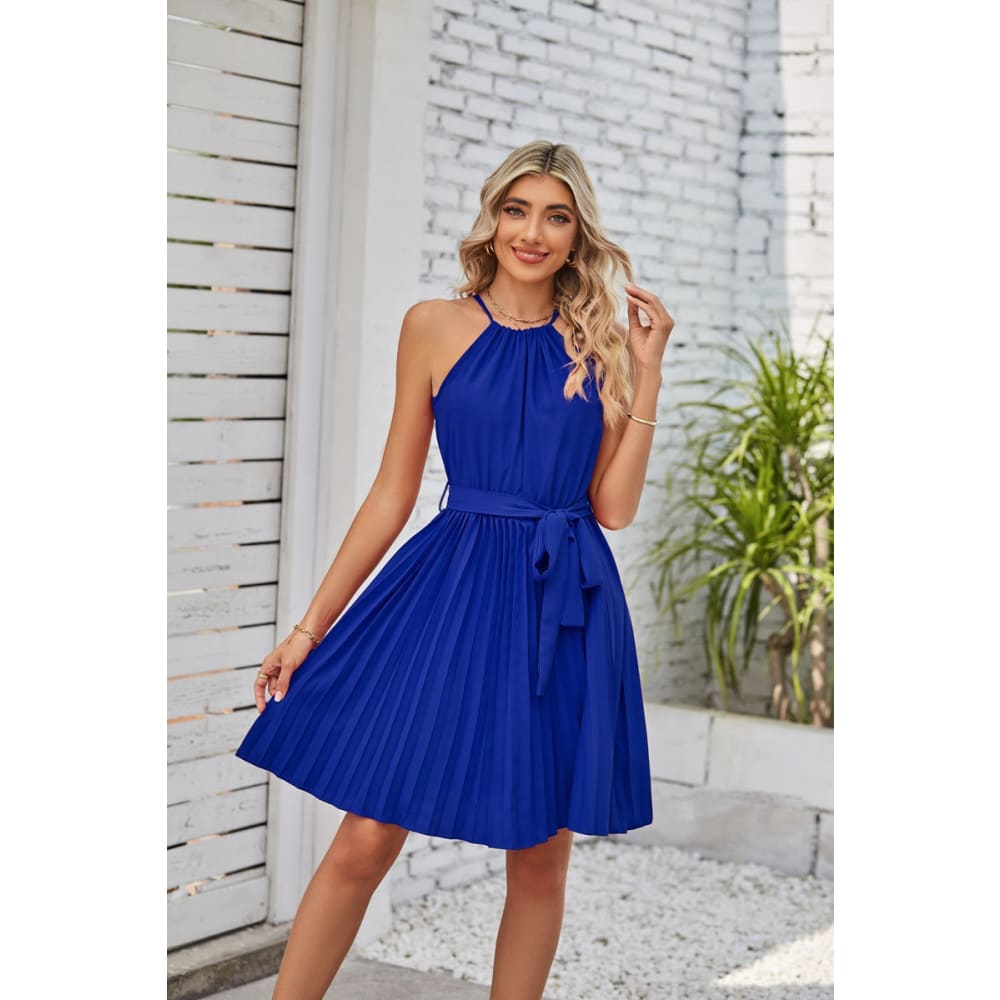 Halter Strapless Dress Solid Pleated Skirt Beach Sundress - Blue / L On sale