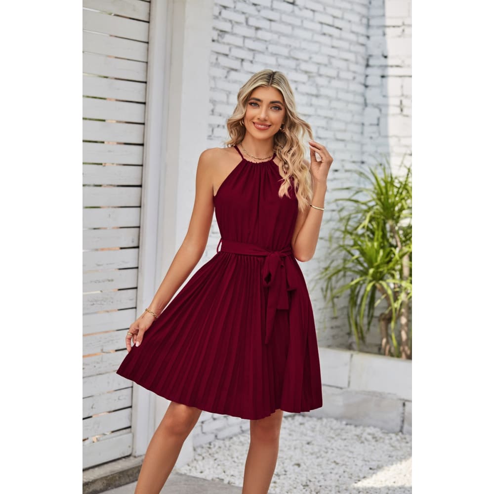 Halter Strapless Dress Solid Pleated Skirt Beach Sundress - Burgundy / L On sale