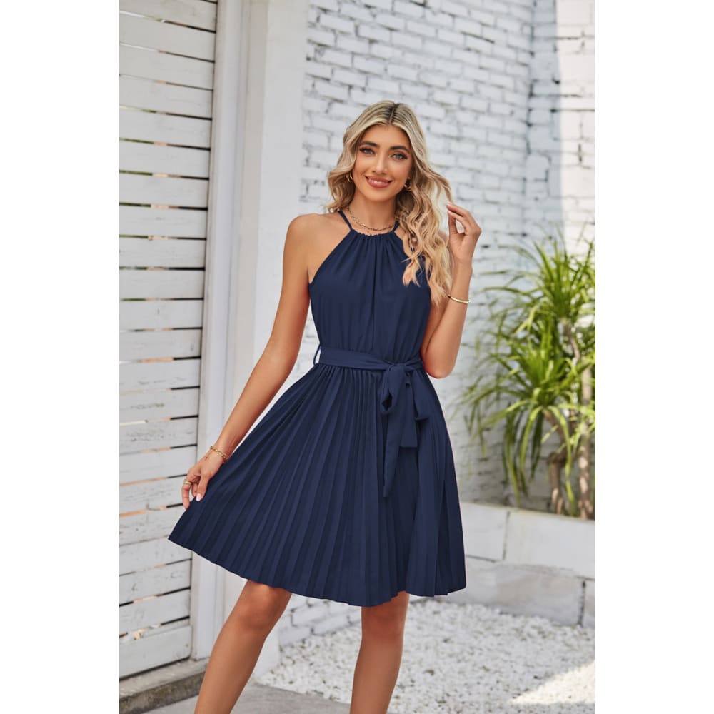 Halter Strapless Dress Solid Pleated Skirt Beach Sundress - Navy / L On sale
