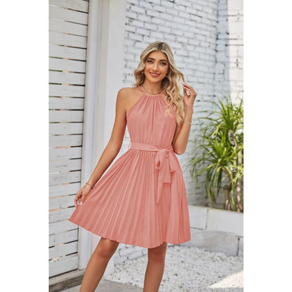 Halter Strapless Dress Solid Pleated Skirt Beach Sundress - Pink / L On sale