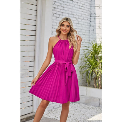 Halter Strapless Dress Solid Pleated Skirt Beach Sundress - Rose / L On sale