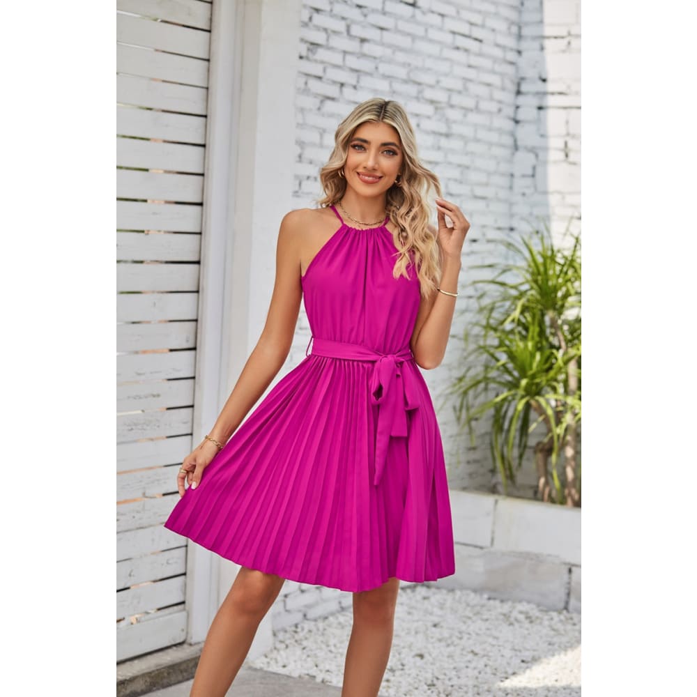Halter Strapless Dress Solid Pleated Skirt Beach Sundress - Rose / L On sale