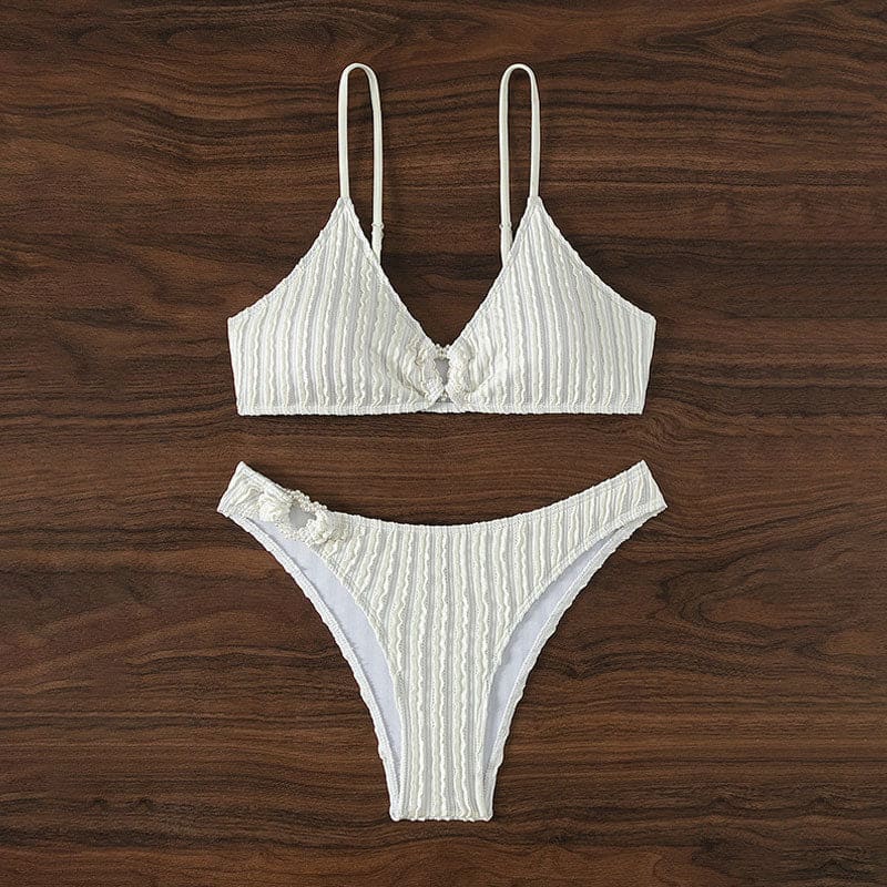 Heart Accent Textured Stripe Brazilian Bikini - On sale