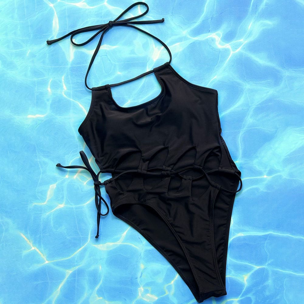 High Cut Lace Up Cutout Halter Neck One Piece Swimsuit - On sale