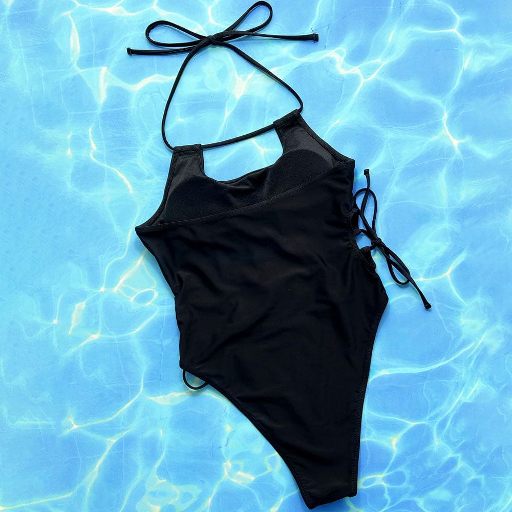 High Cut Lace Up Cutout Halter Neck One Piece Swimsuit - On sale