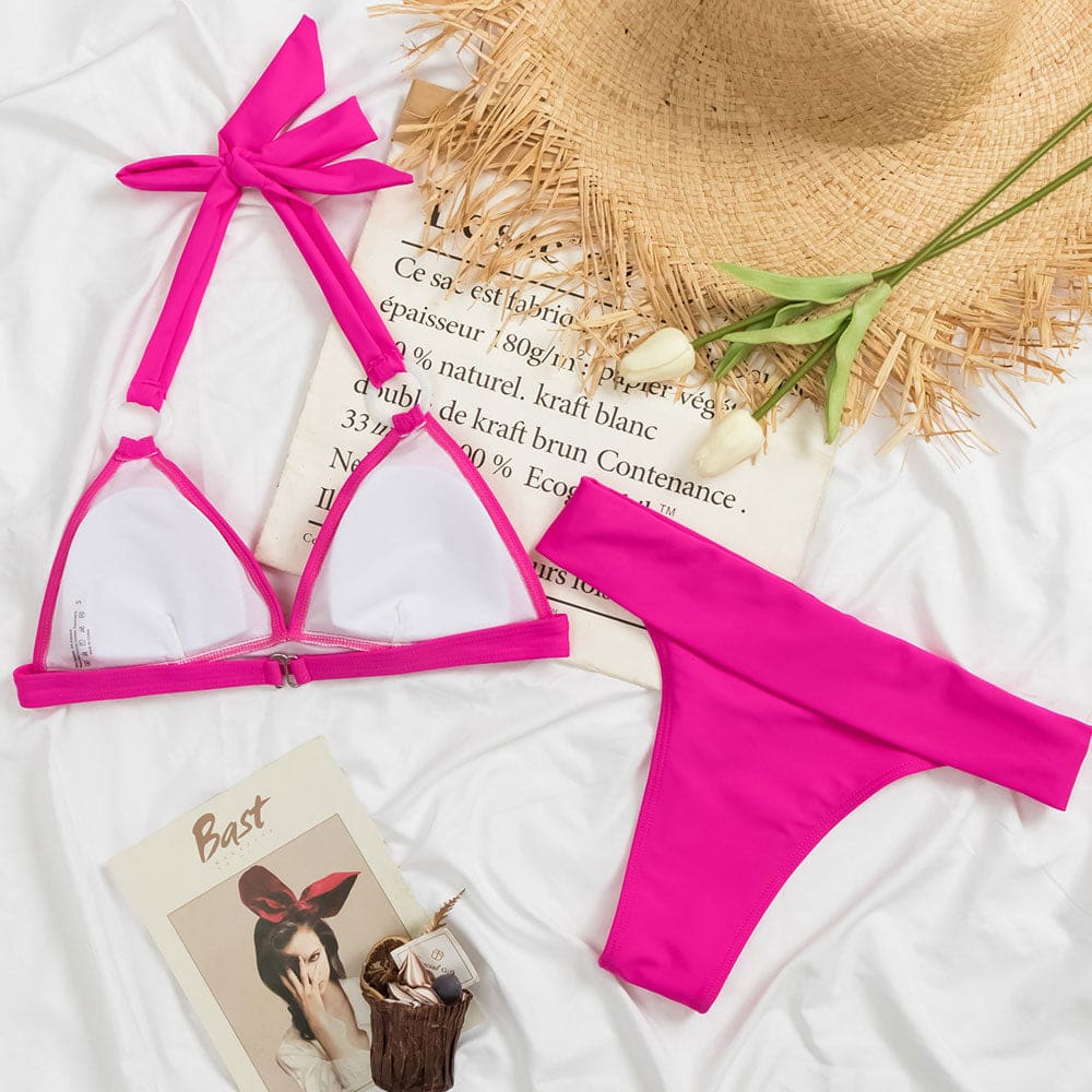 High Cut Ruched O Ring Triangle Brazilian Bikini Swimsuit - On sale