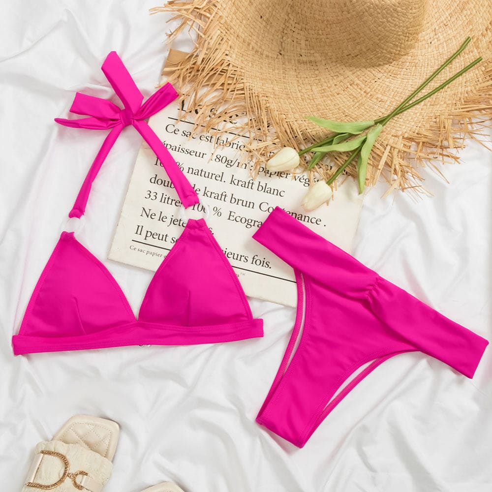 High Cut Ruched O Ring Triangle Brazilian Bikini Swimsuit - On sale