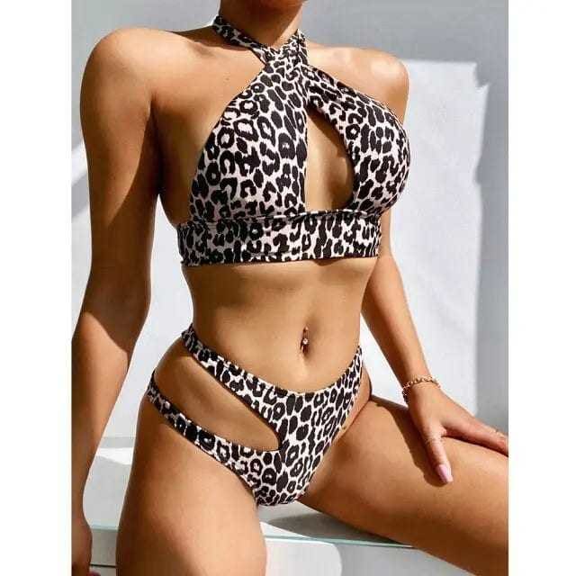 High Leg Cutout Halter Hollow Out Bikini Swimsuit - Auburn / L On sale