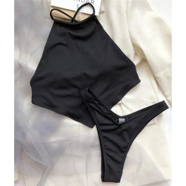 High Neck Cross Back Cut Ribbed Bikini Swimsuit - black / L On sale