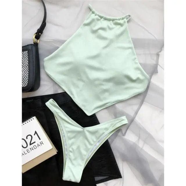 High Neck Cross Back Cut Ribbed Bikini Swimsuit - Light Green / L On sale