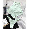 High Neck Cross Back Cut Ribbed Bikini Swimsuit - Light Green / L On sale