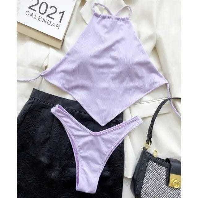 High Neck Cross Back Cut Ribbed Bikini Swimsuit - Light Purple / L On sale
