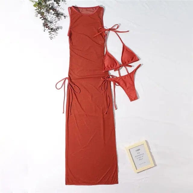 High Neck Halter Triangle Bikini Three Piece Beach Cover-ups - X21SW5060-12 / L On sale