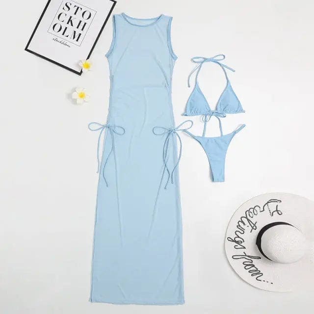 High Neck Halter Triangle Bikini Three Piece Beach Cover-ups - X21SW5060-7 / M On sale