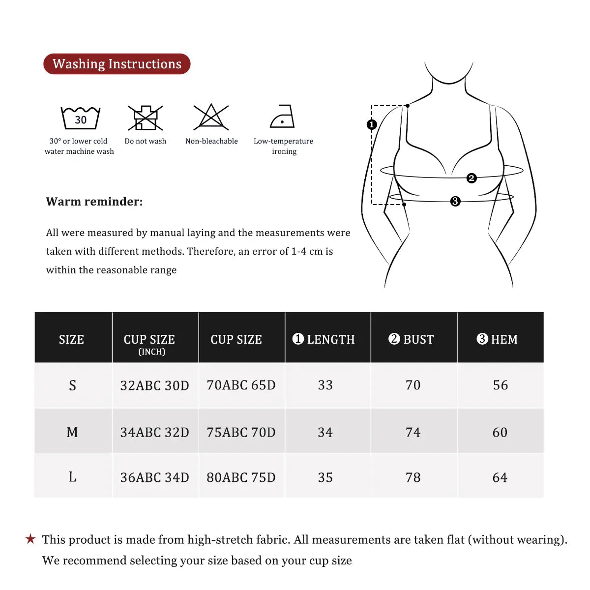 Size chart for sports crop top: S–L with length, bust, and hem measurements