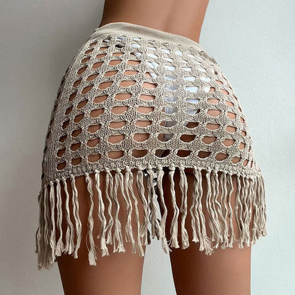 High Waist Crochet Knit Fringe Beach Cover Up Mini Skirt - On sale