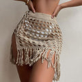 High Waist Crochet Knit Fringe Beach Cover Up Mini Skirt - Khaki / S On sale