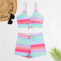 Rainbow striped floral tankini set with pink and aqua gradient, tie-front top