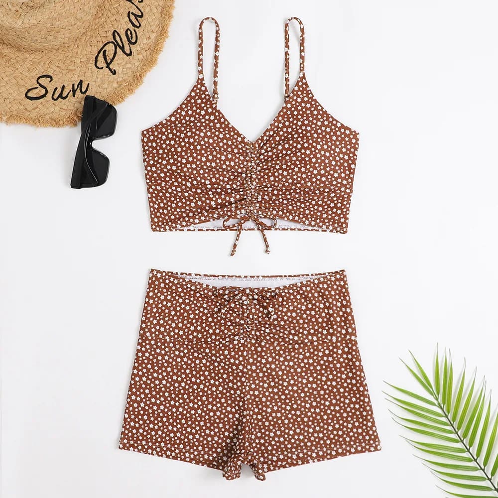High Waist Floral Tankini Two-Piece Swimsuit Women Push-Up - brown / L On sale