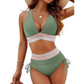 High waist split bikini in army green with striped waistband and tie side ties