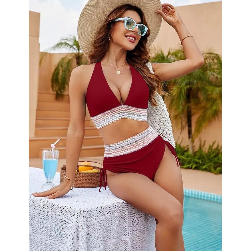 High Waist Split Bikini with Chest Cushion - Claret / XL On sale