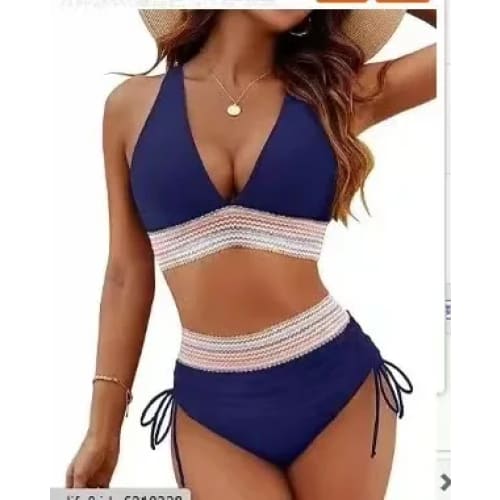 High Waist Split Bikini with Chest Cushion - Navy blue / XL On sale