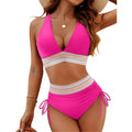 High waist split bikini with chest cushion, hot pink triangle top with striped trim and ruched side ties