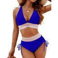 High waist split bikini in royal blue with V-neck and striped waistband