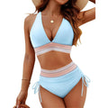 High waist split bikini with chest cushion, sky blue triangle top with striped trim and ruched side ties