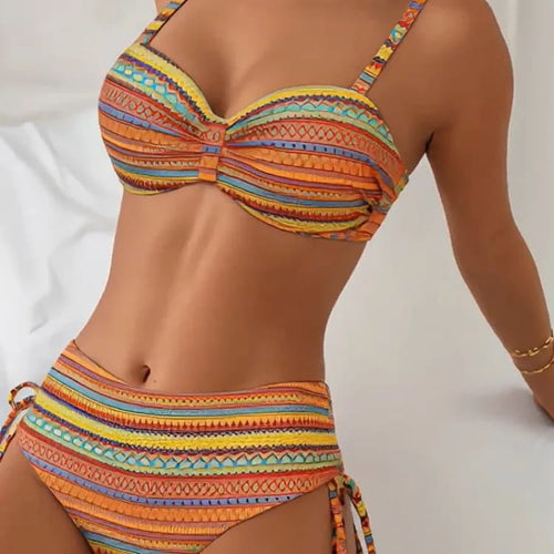 Red striped triangle bikini set with high-waist briefs and tie-side detail