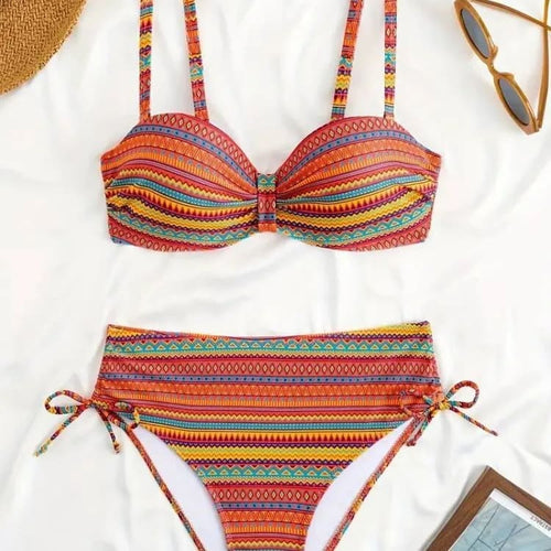 Red striped bandeau triangle bikini top with high-waist bottoms, tie sides