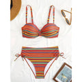 Red striped triangle bikini set with bandeau top and high-waist tie briefs