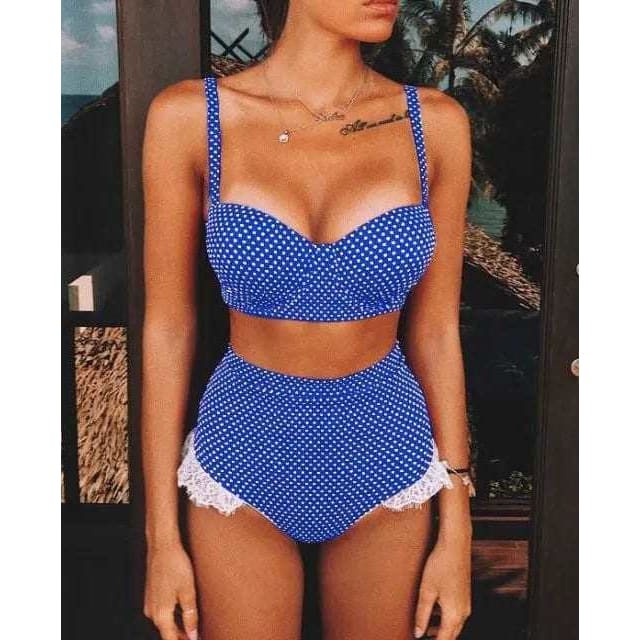 High Waisted Polka Dot Push Up Lace Bikini Swimsuit - Blue / L On sale