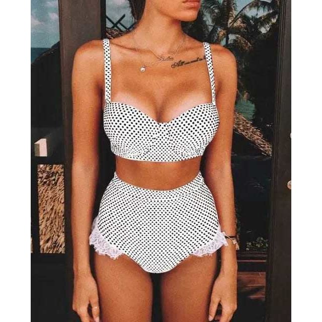 High Waisted Polka Dot Push Up Lace Bikini Swimsuit - white / L On sale