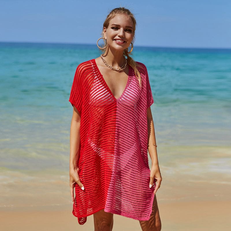 Hollow Out Beach Cover-Up Knit Bikini Over-Blouse - Red rose red / Even size On sale