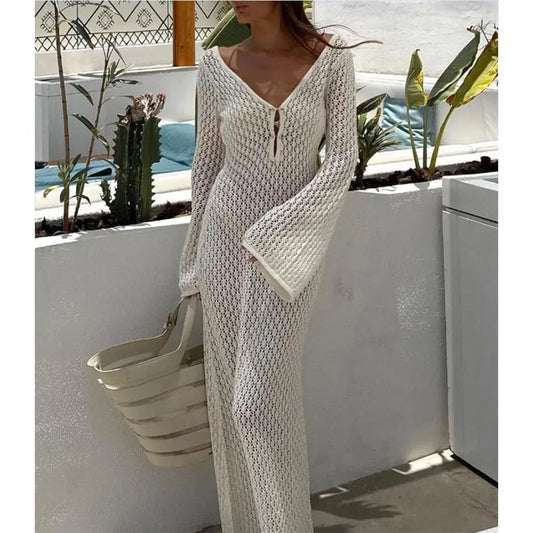 Hollow-Out Deep V-Neck Long Sleeve Beach Cover-Up - On sale