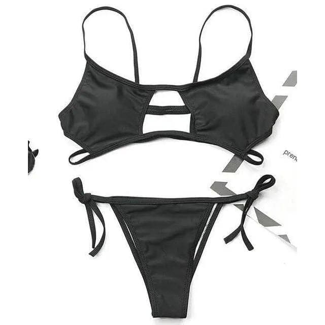 Hollowed Red Sexy Cutout Tie Side Brazilian Thong Bikini Swimsuit - 1852 Black Bikni / L