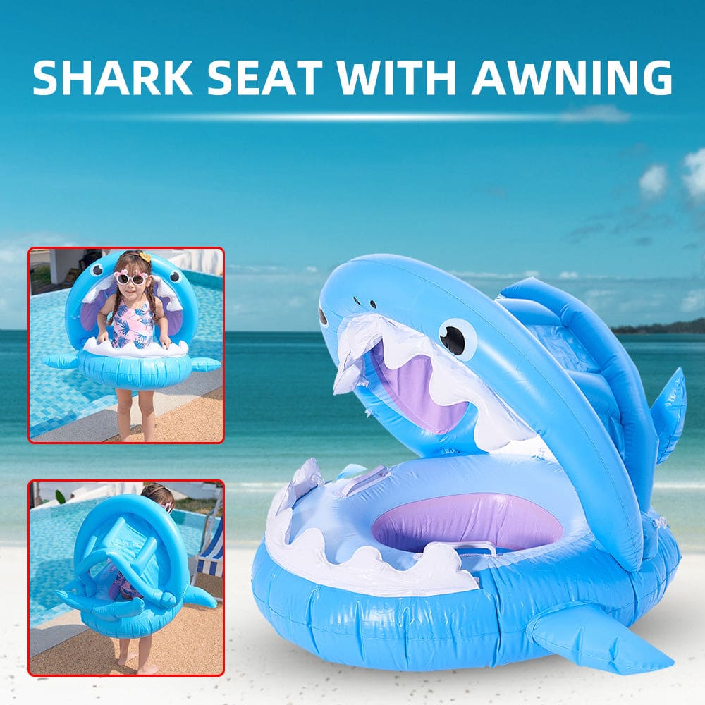 Inflatable Swimming Ring For Kids With Awning Shark Seat - Blue On sale