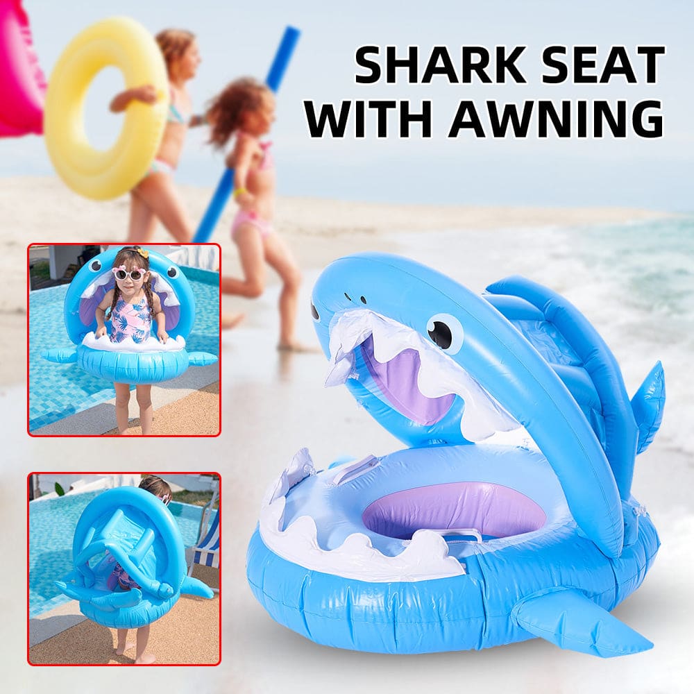 Inflatable Swimming Ring For Kids With Awning Shark Seat - Blue On sale