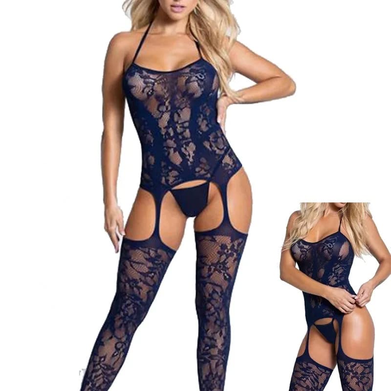 Jacquard Rose Halter One-Piece Lingerie with Stockings - One Size / Black On sale