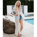 White lace kimono beach cover-up with belt, front view with V-neck lace detail
